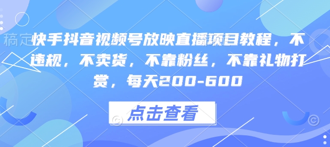 快手抖音视频号放映直播项目教程，不违规，不卖货，不靠粉丝，不靠礼物打赏，每天200-600-kk网创