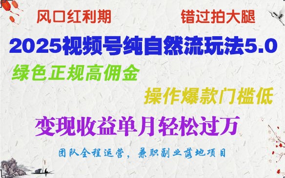 2025视频号纯自然流玩法5.0，绿色正规高佣金，操作爆款门槛低，变现收益单月轻松过万-kk网创