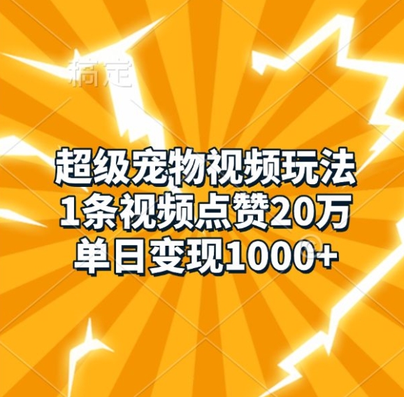 超级宠物视频玩法，1条视频点赞20万，单日变现1k-kk网创