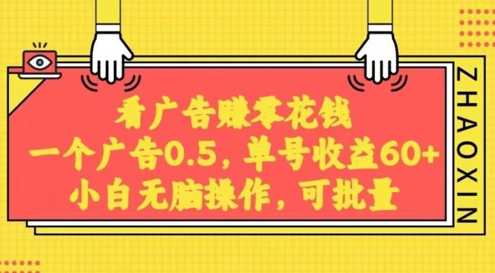 无脑看广告获取收益，一条广告0.5，日稳定60-100+，可批量放大，超级稳定-kk网创