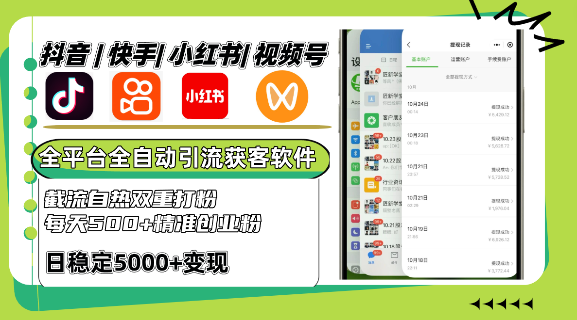 抖音快手小红书视频号全平台全自动引流获客系统，截流自热双重打粉，每天500+精准粉-kk网创