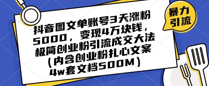 抖音图文单账号3天涨粉5000，变现4万块钱，极简创业粉引流成交大法-kk网创