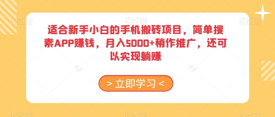 适合新手小白的手机搬砖项目，简单搜素APP赚钱，月入5000+稍作推广，还可以实现躺赚【揭秘】-kk网创