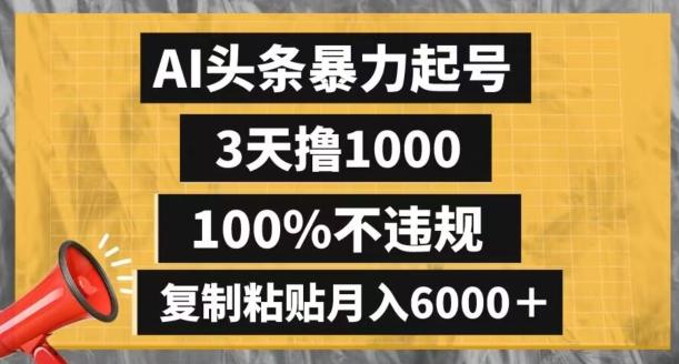 AI头条暴力起号，3天撸1000,100%不违规，复制粘贴月入6000＋【揭秘】-kk网创