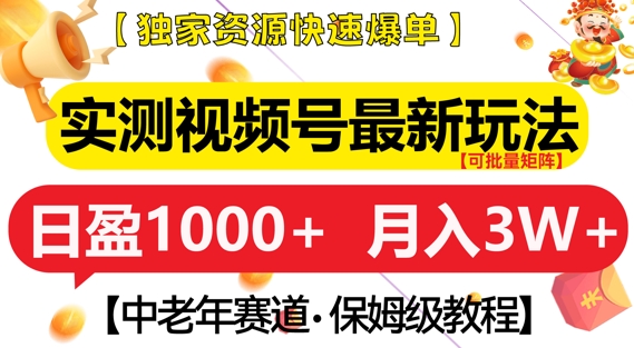 实测视频号最新玩法，中老年赛道，独家资源，月入过W+【揭秘】-kk网创