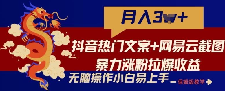 抖音热门文案+网易云截图暴力涨粉拉爆收益玩法，小白无脑操作，简单易上手【揭秘】-kk网创