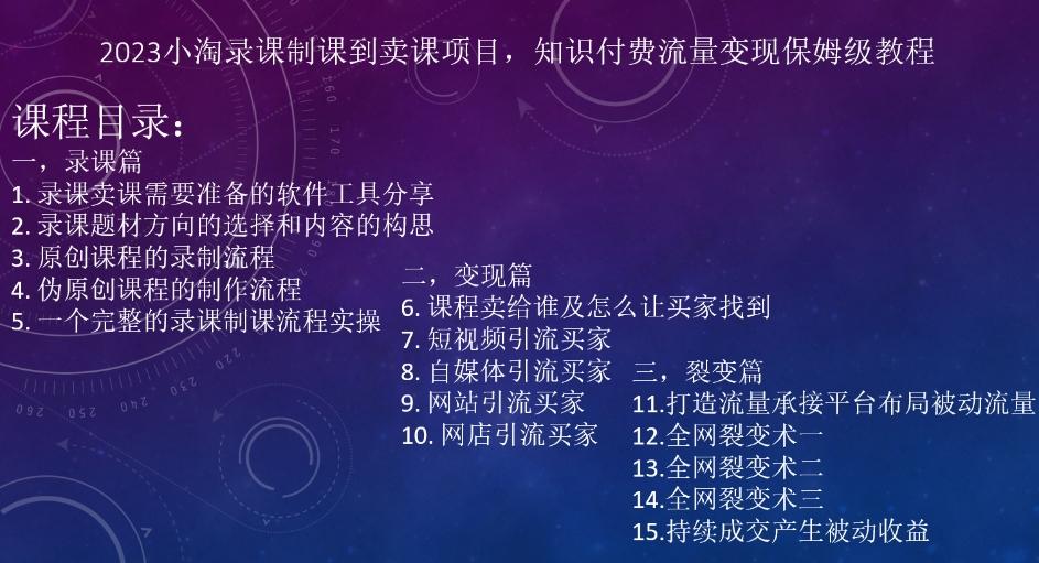 2023小淘录课制课到卖课项目，知识付费流量变现保姆级教程-kk网创