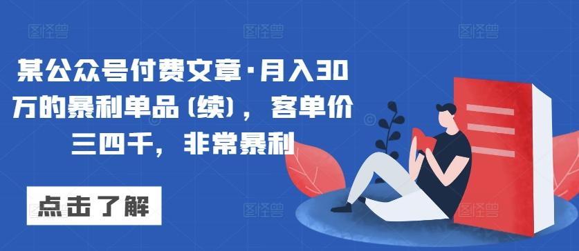 某公众号付费文章·月入30万的暴利单品(续)，客单价三四千，非常暴利-kk网创