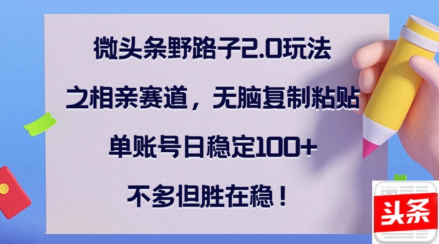 微头条野路子2.0玩法之相亲赛道，无脑复制粘贴，单账号日稳定100+，不…-kk网创